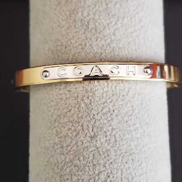 Coach Hinged Bangle Yellow Gold with Silver Tone Coach Embossed Name Plate - Picture 3 of 8